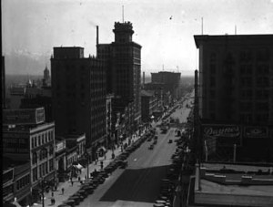 A view of Main Street, in downtown Salt Lake City, where most businesses were located. The image was made shortly before the onset of the Great Depression. 